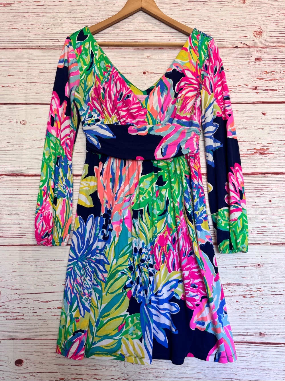 Lilly Pulitzer Fleur Dress in Resort Navy Travelers Palm Sz S - Picture 2 of 9